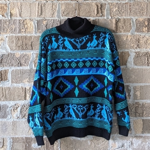 Vintage 80s Blue Green Slouchy Turtleneck Sweater Size Large Black - Picture 4 of 4